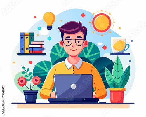 designer secretary man with a laptop programmer tester digital artist student SMM remote work worker laptop freelancer home office Vector illustration creative human
