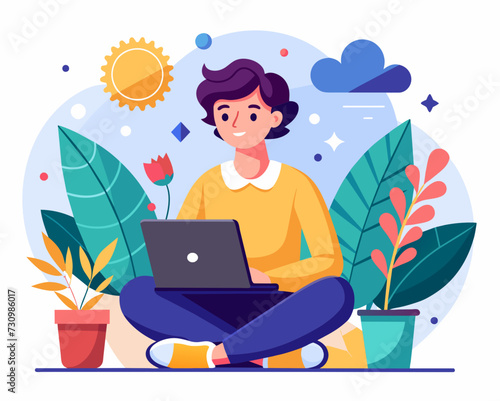 designer secretary man with a laptop programmer tester digital artist student SMM remote work worker laptop freelancer home office Vector illustration creative human
