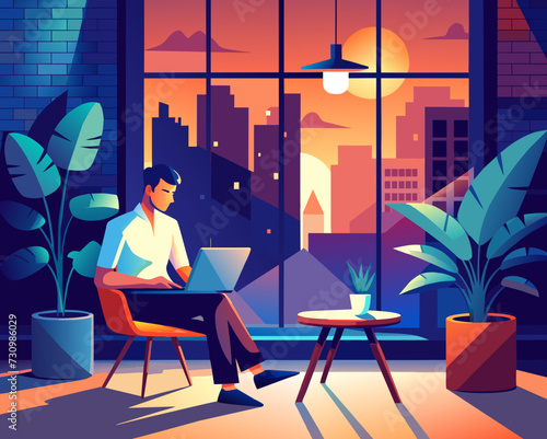 designer secretary man with a laptop programmer tester digital artist student SMM remote work worker laptop freelancer home office Vector illustration creative human