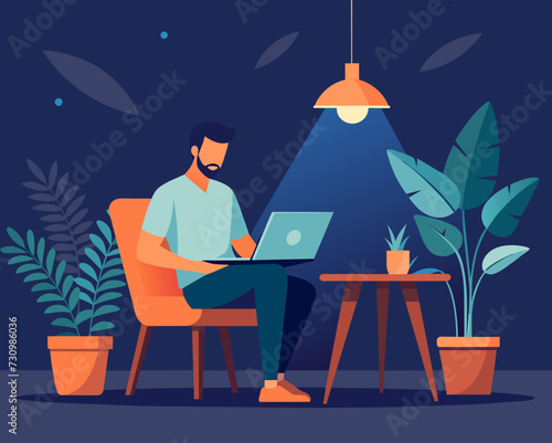 designer secretary man with a laptop programmer tester digital artist student SMM remote work worker laptop freelancer home office Vector illustration creative human