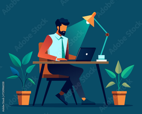 designer secretary man with a laptop programmer tester digital artist student SMM remote work worker laptop freelancer home office Vector illustration creative human