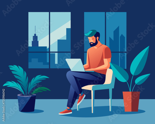 designer secretary man with a laptop programmer tester digital artist student SMM remote work worker laptop freelancer home office Vector illustration creative human