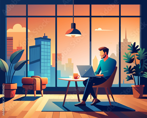 designer secretary man with a laptop programmer tester digital artist student SMM remote work worker laptop freelancer home office Vector illustration creative human