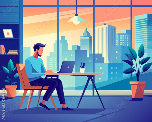 designer secretary man with a laptop programmer tester digital artist student SMM remote work worker laptop freelancer home office Vector illustration creative human