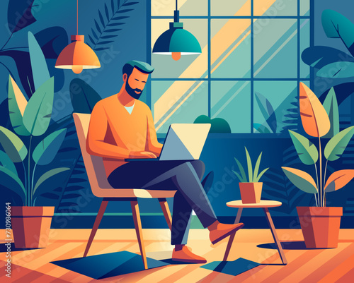 designer secretary man with a laptop programmer tester digital artist student SMM remote work worker laptop freelancer home office Vector illustration creative human