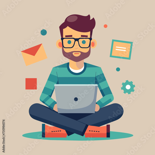 designer secretary man with a laptop programmer tester digital artist student SMM remote work worker laptop freelancer home office Vector illustration creative human