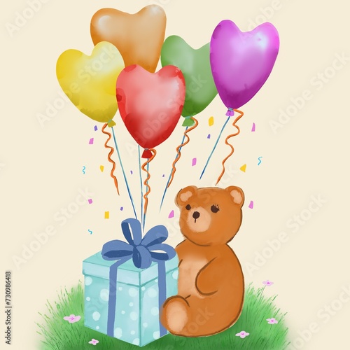 Illustration of a sitting bear holding a gift box with heart balloons floating and ribbon flakes falling down.