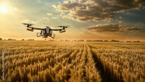 Drone with digital camera flying over wheat field farm surveying IOT AI farming
