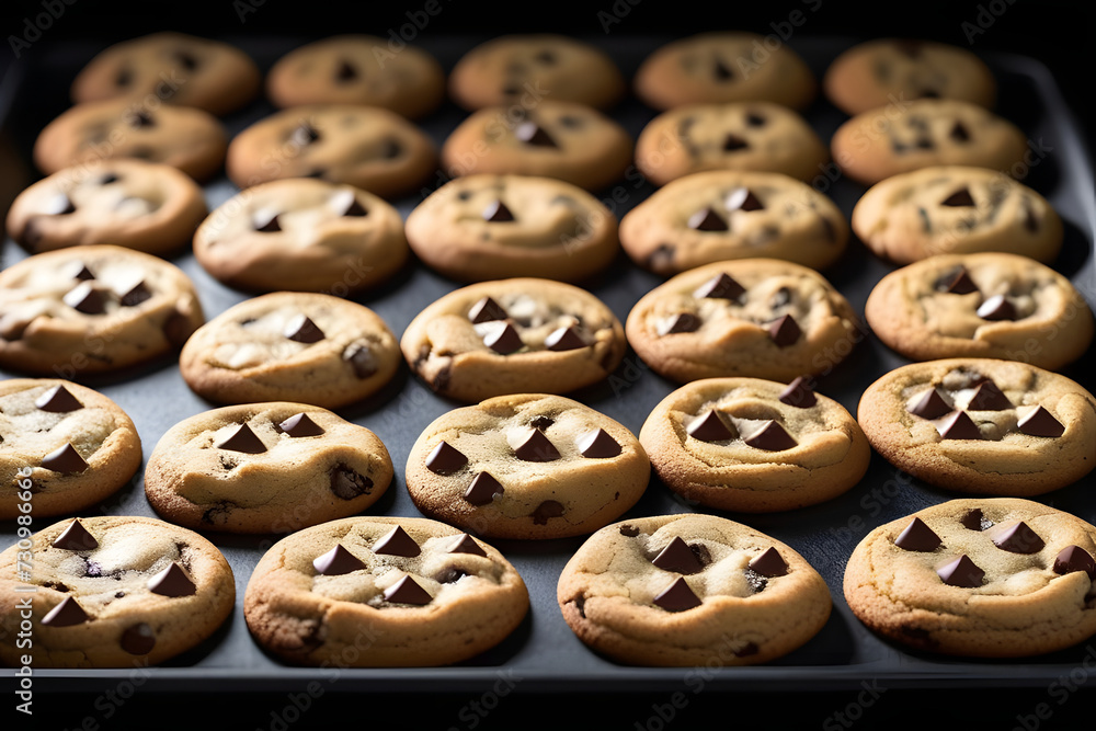 Top view of freshly baked chocolate chip cookies on a baking tray. Top view of freshly baked chocolate chip cookies on a baking tray.