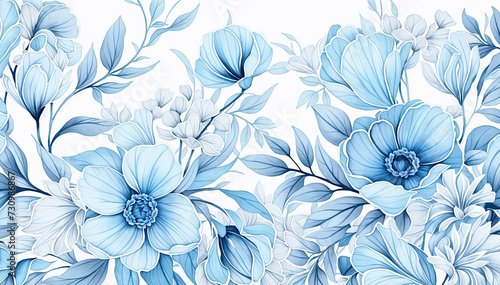 Seamless pattern with blue gradient flowers and leaves Vector illustration