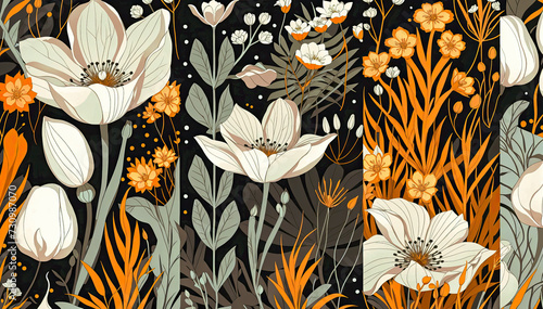 seasonal Seamless pattern with white flowers and leaves on black background #730987070