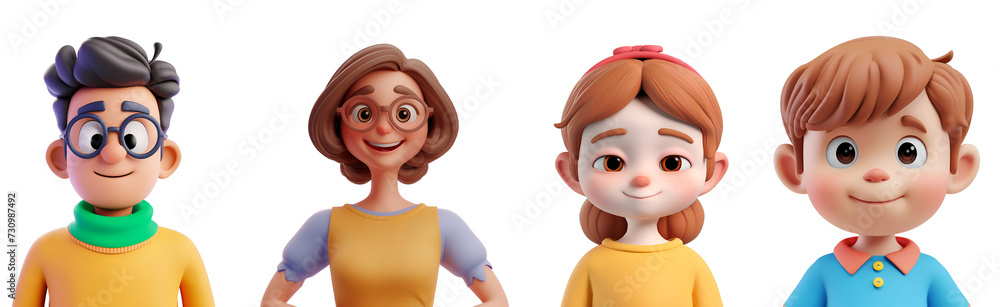 3D Character Portrait of a Joyful Family: Close-Up Render of a Man, Woman, Boy, Girl, Father, Mother, Son, and Daughter in a Simple Cartoon, Isolated on Transparent Background, PNG 3D Character Portrait of a Joyful Family: Close-Up Render of a Man, Woman, Boy, Girl, Father, Mother, Son, and Daughter in a Simple Cartoon, Isolated on Transparent Background, PNG