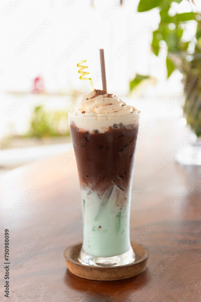Chocolate mint latte with iced and whipping cream on top. Mint Choc is a nick name of drink. Chocolate mint latte with iced and whipping cream on top. Mint Choc is a nick name of drink.
