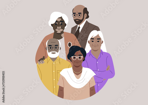 A diverse group of senior adults coming together to form a logo for a retirement club or nursing home