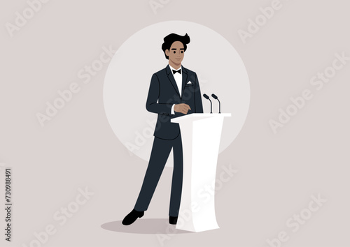Distinguished Orator Delivering an Eloquent Speech at a Podium, A poised character in a formal suit stands with confidence as they address an unseen audience from behind a modern rostrum