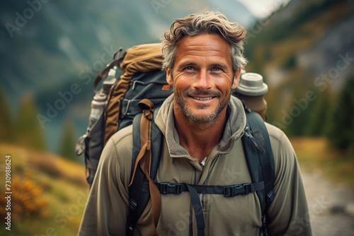 Adult male hiker with backpack, walking in mountain. © Marcela Ruty Romero