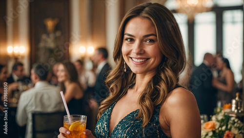 beautiful happy smiling woman wearing an elegant dress at a function with a drink in her hand looking at the camera