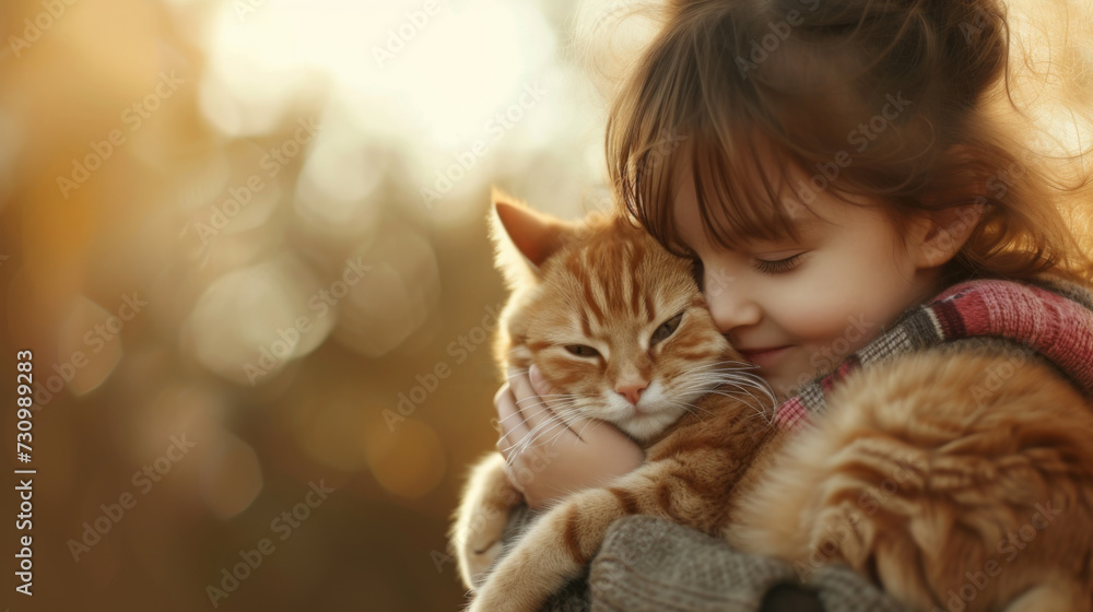 Beautiful female child hugs a cat