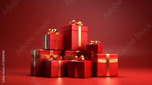 Wallpaper Mural red gift boxs with gold ribbon bow tag and golden decorations on black background, generative ai Torontodigital.ca