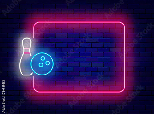 Bowling club neon advertising. Bowling pin and ball with empty pink frame. Sport tournament event. Vector illustration