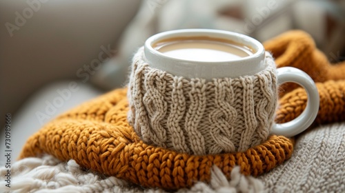 A cozy knitted mug cozy wrapped around a ceramic mug.