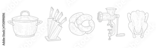 Meat Product with Pot and Knife for Cooking Vector Set