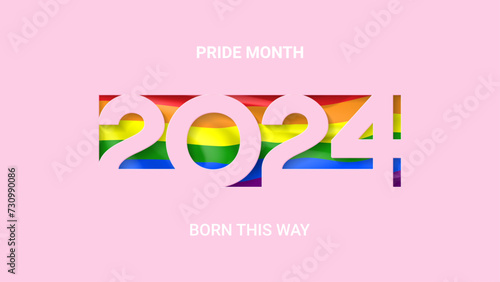 Pride Month 2024 banner. Symbol of Pride Month with LGBTQ Flag Colours. Human rights and tolerance concept. LGBTQ background with rainbow number 2024. Vector illustration for promo, card, social media