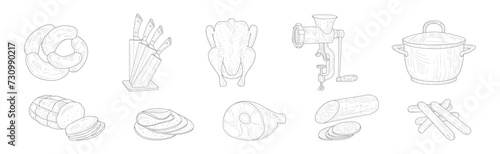 Meat Product with Pot and Knife for Cooking Vector Set