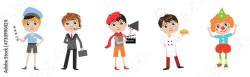 Kids in Professional Wear Demonstrate Different Job Vector Set