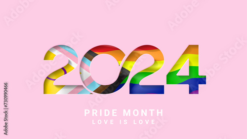 Banner for Pride Month 2024. Symbol of Pride Month with intersex inclusive flag colours. Human rights and tolerance concept. LGBTQ background with rainbow number 2024. Vector illustration for promo.