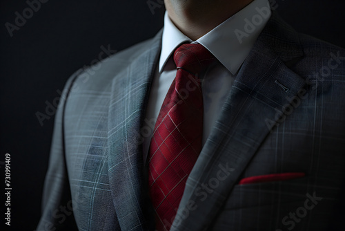 Close up frontal view of a businessman’s torso in a stylish business suit on a black background. Neural network generated image. Not based on any actual person or scene.