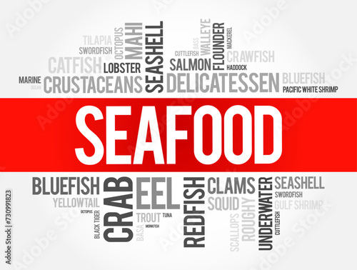 Seafood word cloud collage, food concept background