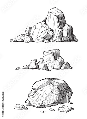 Stone Rock Gravel Monochrome Sketch Set. Different Stone, Gravel And Pebble. Natural Rocky Slate Lump Engraving  Hand Drawn In Retro Style. Travel, Trip and Vacation Concept. Nature and Outdoor. 