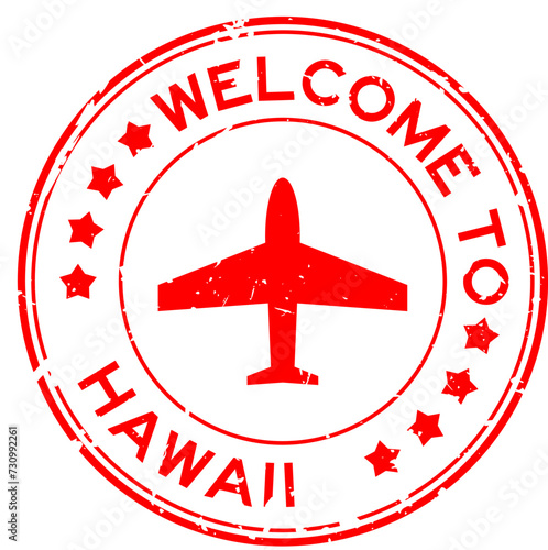 Grunge green welcome to word hawaii with plane icon round rubber seal stamp on white background