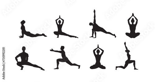 Yoga poses silhouette set. Women and men action sport and yoga vector illustration. Good use for symbol, logo, web icon, mascot, sign, sticker. Work out, wellness and health care concept.  