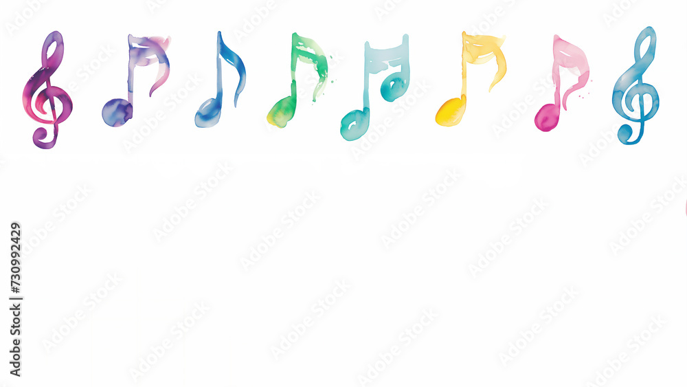 Music note background isolated on a white background showing a colourful watercolour painting of a treble clef and crotchets in a row, which are musical notation symbols, stock illustration image - obrazy, fototapety, plakaty 