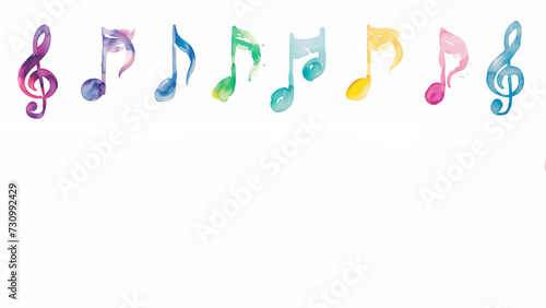 Music note background isolated on a white background showing a colourful watercolour painting of a treble clef and crotchets in a row, which are musical notation symbols, stock illustration image photo