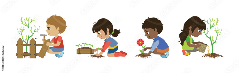Little Children Loving Planet Taking Care of Earth and Environment Vector Set Little Children Loving Planet Taking Care of Earth and Environment Vector Set