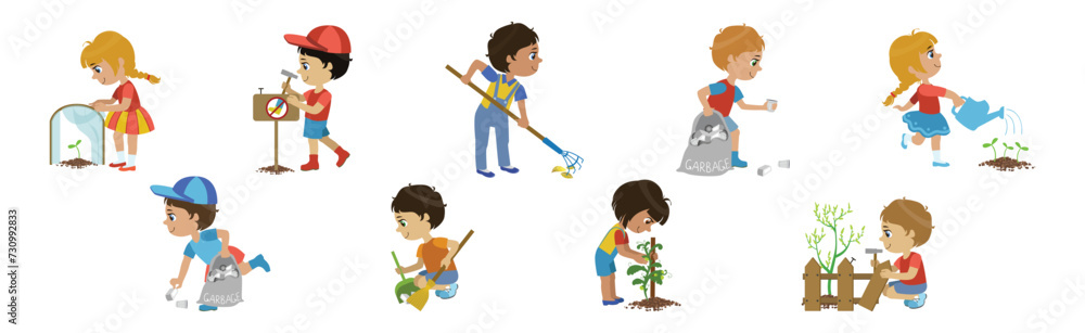 Little Children Loving Planet Taking Care of Earth and Environment Vector Set Little Children Loving Planet Taking Care of Earth and Environment Vector Set