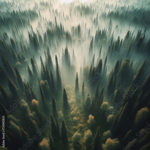 Drone shot looking down on a boreal forest with misty ground