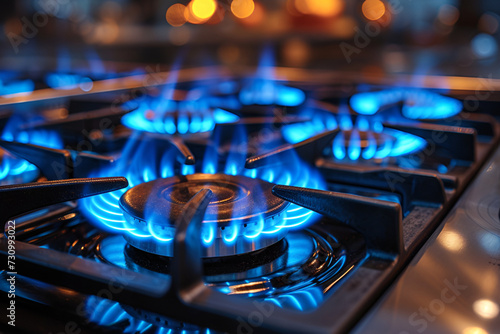 Closeup shot of blue fire gas stove top. Industrial resources and economy concept