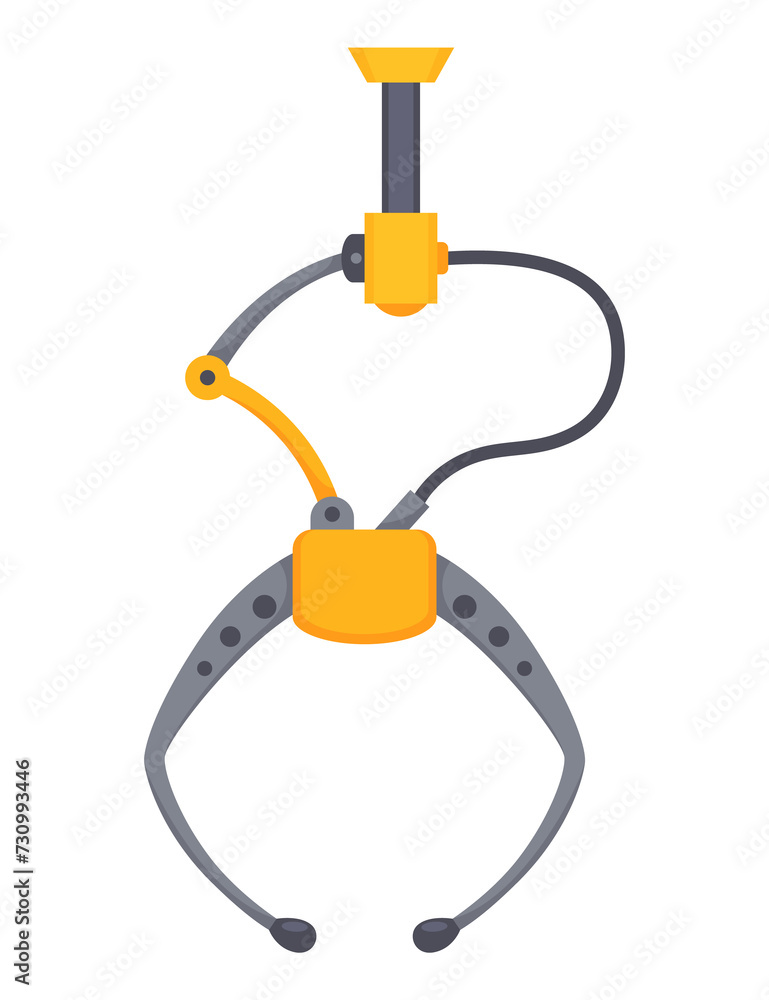 Mechanical claw gripper. Mechanical robotic grip. Arm arcade game hooks for prizes technological mechanisms for transfer goods. Grip robotic claw in factory.  illustration