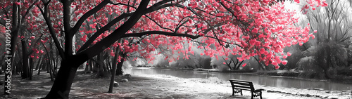 Ultra-wide monochromatic park landscape, with a solitary bench beside the tranquil riverside, is punctuated by the vivid colorpop of a blossoming pink sakura tree, creating a captivating contrast photo