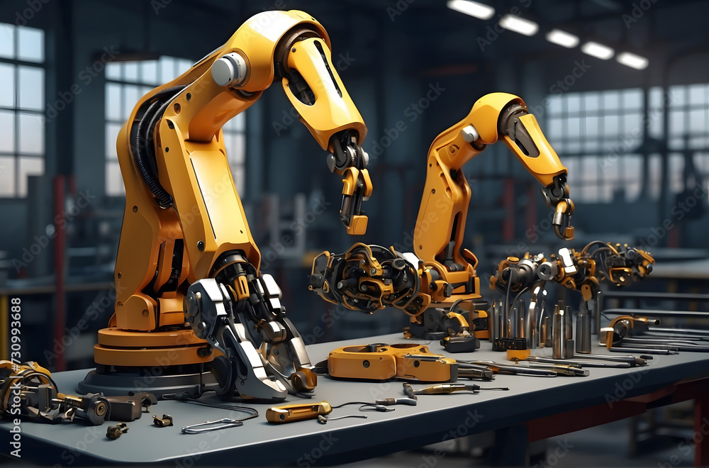 Advanced High Precision Robot Arm inside Factory. Industrial automation technology. Iot technology concept, smart factory. Digital manufacturing operation. 3D rendering illustration