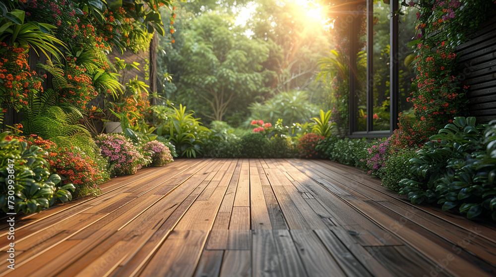 Empty wooden terrace with green wall 3d render,There are wood plank floor with tropical style tree garden background sunlight shine on the tree - obrazy, fototapety, plakaty 