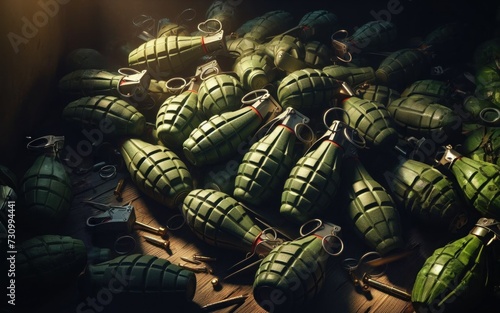 Hand-held fragmentation grenades are stacked in a row during military exercises photo
