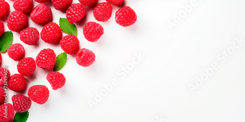 Frame with fresh raspberries on a white background with space for text