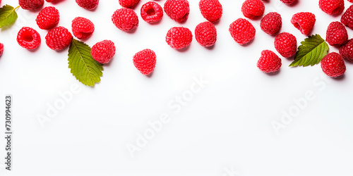 Frame with fresh raspberries on a white background with space for text