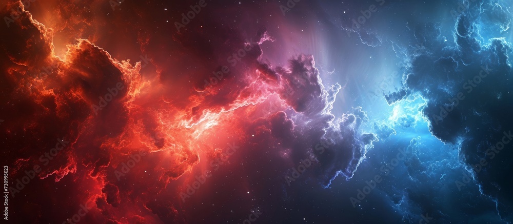 Computer generated background with abstract sci-fi concept featuring fractal clouds in red and blue hues, leaving plenty of free space.