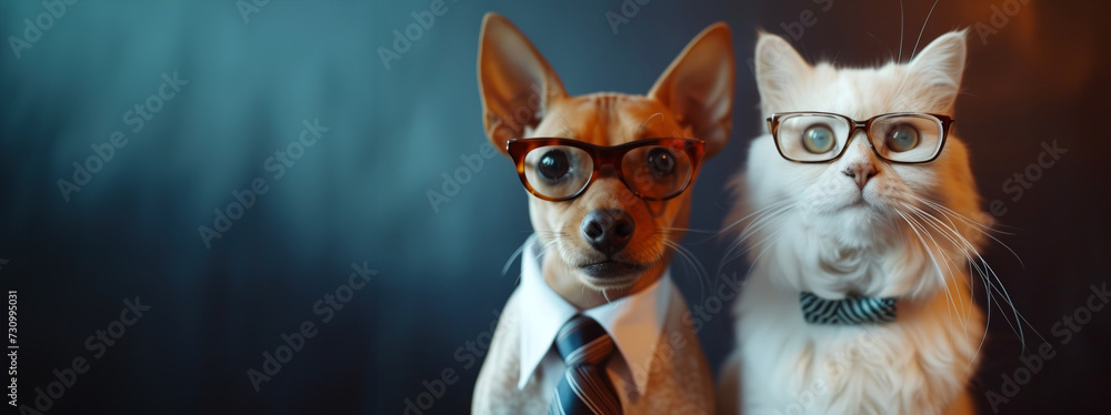 funny dog and cat. animals with glasses look at the camera. animals in a group together looking at the camera. An unusual moment full of fun and fashion consciousness.